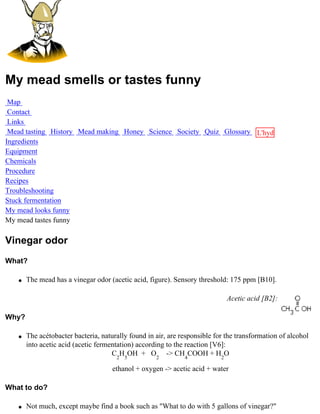 My mead smells or tastes funny
 Map
 Contact
 Links
 Mead tasting History Mead making Honey Science Society Quiz Glossary L'hydre
Ingredients                                                           au
Equipment                                                             miel
Chemicals
Procedure
Recipes
Troubleshooting
Stuck fermentation
My mead looks funny
My mead tastes funny

Vinegar odor
What?

   q   The mead has a vinegar odor (acetic acid, figure). Sensory threshold: 175 ppm [B10].

                                                                             Acetic acid [B2]:

Why?

   q   The acétobacter bacteria, naturally found in air, are responsible for the transformation of alcohol
       into acetic acid (acetic fermentation) according to the reaction [V6]:
                                     C2H5OH + O2 -> CH4COOH + H2O

                                     ethanol + oxygen -> acetic acid + water

What to do?

   q   Not much, except maybe find a book such as "What to do with 5 gallons of vinegar?"
 