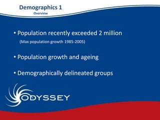 Demographics 1
         Overview




• Population recently exceeded 2 million
  (Max population growth 1985-2005)


• Popu...