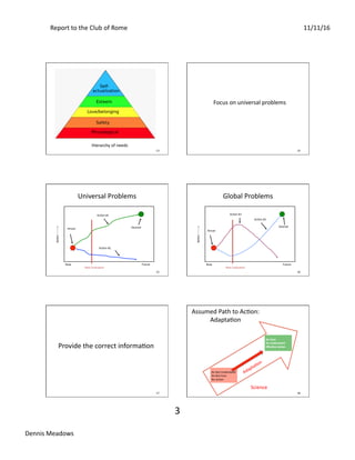 Report	to	the	Club	of	Rome	 11/11/16	
Dennis	Meadows	
3	
13	
Hierarchy	of	needs	
14	
Focus	on	universal	problems	
15	
Universal	Problems	
Now	 Future	
BeZer	------->	
Next	EvaluaSon	
AcSon	#1	
Actual	 Desired	
AcSon	#2	
16	
Global	Problems	
Now	 Future	
BeZer	------->	
Next	EvaluaSon	
AcSon	#1	
AcSon	#2	
Actual	
Desired	
17	
Provide	the	correct	informaSon	
18	
Assumed	Path	to	AcSon:	
AdaptaSon	
Do	Care	
Do	Understand	
Eﬀec0ve	Ac0on		
Do	Not	Understand	
Do	Not	Care	
No	AcSon		
Science	
AdaptaSon	
 