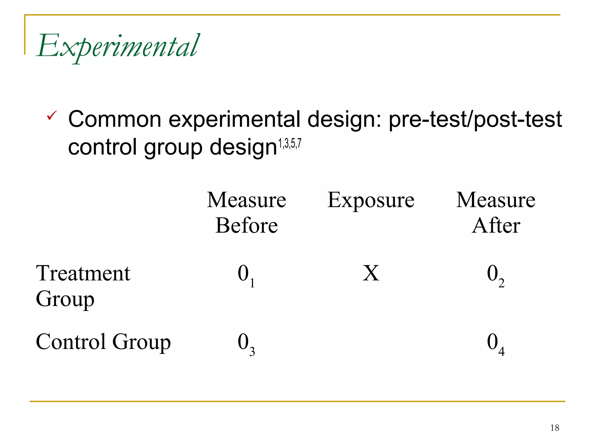Experimental
   Common experimental design: pre-test/post-test
    control group design1,3,5,7

                Measure     Exposure    Measure
                Before                   After

Treatment          01          X          02
Group
Control Group      03                     04


                                                  18
 