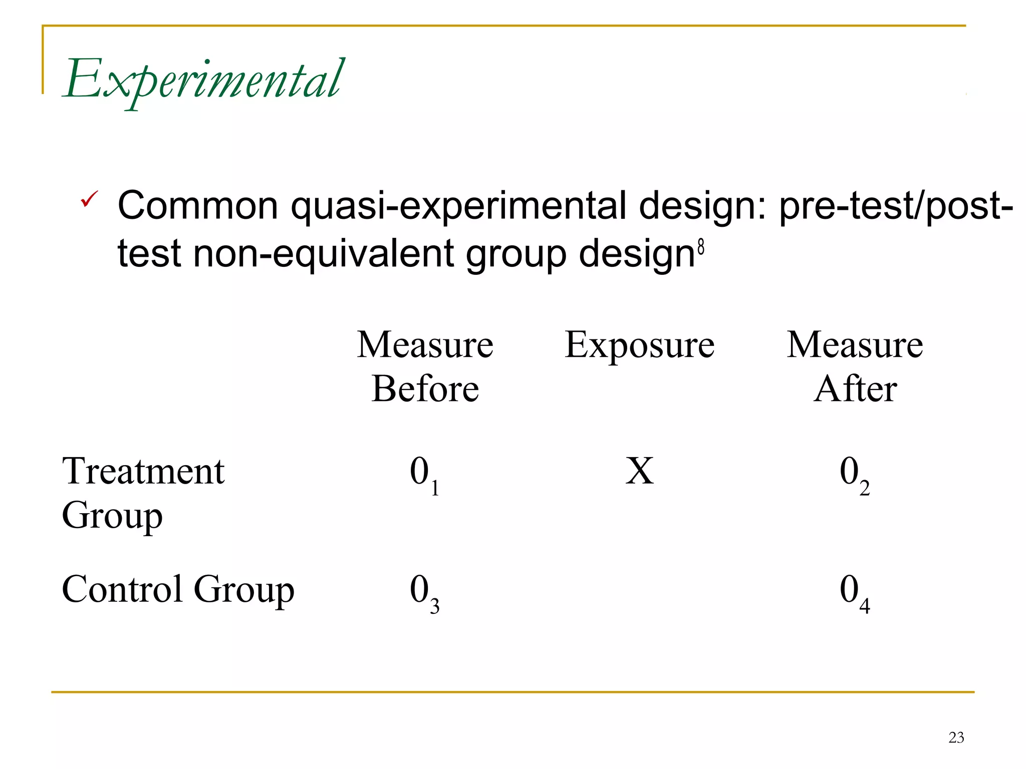 Experimental
   Common quasi-experimental design: pre-test/post-
    test non-equivalent group design8

                Measure    Exposure    Measure
                Before                  After

Treatment          01          X          02
Group
Control Group      03                     04


                                                 23
 