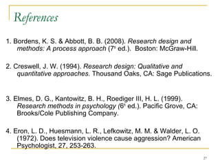 References
1. Bordens, K. S. & Abbott, B. B. (2008). Research design and
    methods: A process approach (7th ed.). Boston: McGraw-Hill.

2. Creswell, J. W. (1994). Research design: Qualitative and
    quantitative approaches. Thousand Oaks, CA: Sage Publications.


3. Elmes, D. G., Kantowitz, B. H., Roediger III, H. L. (1999).
    Research methods in psychology (6th ed.). Pacific Grove, CA:
    Brooks/Cole Publishing Company.

4. Eron, L. D., Huesmann, L. R., Lefkowitz, M. M. & Walder, L. O.
    (1972). Does television violence cause aggression? American
    Psychologist, 27, 253-263.
                                                                    27
 