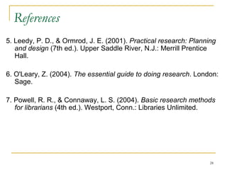 References
5. Leedy, P. D., & Ormrod, J. E. (2001). Practical research: Planning
   and design (7th ed.). Upper Saddle River, N.J.: Merrill Prentice
   Hall.

6. O'Leary, Z. (2004). The essential guide to doing research. London:
   Sage.

7. Powell, R. R., & Connaway, L. S. (2004). Basic research methods
   for librarians (4th ed.). Westport, Conn.: Libraries Unlimited.




                                                                   28
 