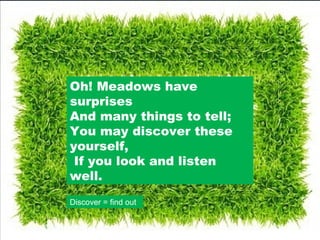 Oh! Meadows have
surprises
And many things to tell;
You may discover these
yourself,
 If you look and listen
well.
Discover = find out
 