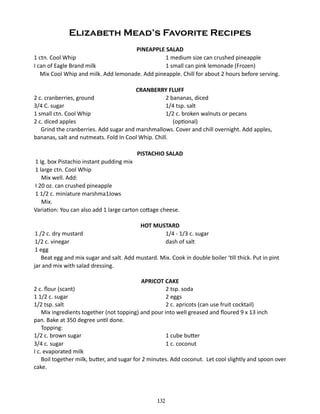 Elizabeth Mead’s Favorite Recipes
PINEAPPLE SALAD
1 ctn. Cool Whip		
1 medium size can crushed pineapple
I can of Eagle Brand milk		
1 small can pink lemonade (Frozen)
Mix Cool Whip and milk. Add lemonade. Add pineapple. Chill for about 2 hours before serving.
CRANBERRY FLUFF
2 c. cranberries, ground		
2 bananas, diced
3/4 C. sugar		
1/4 tsp. salt
1 small ctn. Cool Whip		
1/2 c. broken walnuts or pecans
2 c. diced apples		
(optional)
	 Grind the cranberries. Add sugar and marshmallows. Cover and chill overnight. Add apples,
bananas, salt and nutmeats. Fold In Cool Whip. Chill.
PISTACHIO SALAD
1 Ig. box Pistachio instant pudding mix
1 large ctn. Cool Whip
Mix well. Add:
I 20 oz. can crushed pineapple
1 1/2 c. miniature marshma1Jows
Mix.
Variation: You can also add 1 large carton cottage cheese.
HOT MUSTARD
1/4 - 1/3 c. sugar	
dash of salt

1 /2 c. dry mustard	
1/2 c. vinegar	
1 egg
Beat egg and mix sugar and salt. Add mustard. Mix. Cook in double boiler ‘till thick. Put in pint
jar and mix with salad dressing.
APRICOT CAKE
2 c. flour (scant)	
2 tsp. soda
1 1/2 c. sugar	
2 eggs
1/2 tsp. salt	
2 c. apricots (can use fruit cocktail)
	 Mix ingredients together (not topping) and pour into well greased and floured 9 x 13 inch
pan. Bake at 350 degree until done.
	 Topping:
1/2 c. brown sugar 	
1 cube butter
3/4 c. sugar 	
1 c. coconut
I c. evaporated milk
	 Boil together milk, butter, and sugar for 2 minutes. Add coconut. Let cool slightly and spoon over
cake.

132

 