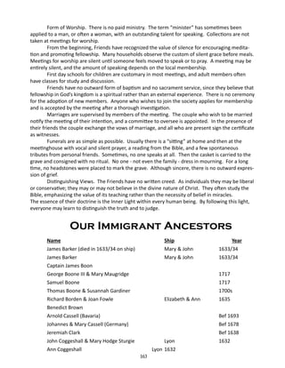 Form of Worship. There is no paid ministry. The term “minister” has sometimes been
applied to a man, or often a woman, with an outstanding talent for speaking. Collections are not
taken at meetings for worship.
From the beginning, Friends have recognized the value of silence for encouraging meditation and promoting fellowship. Many households observe the custom of silent grace before meals.
Meetings for worship are silent until someone feels moved to speak or to pray. A meeting may be
entirely silent, and the amount of speaking depends on the local membership.
First day schools for children are customary in most meetings, and adult members often
have classes for study and discussion.
Friends have no outward form of baptism and no sacrament service, since they believe that
fellowship in God’s kingdom is a spiritual rather than an external experience. There is no ceremony
for the adoption of new members. Anyone who wishes to join the society applies for membership
and is accepted by the meeting after a thorough investigation.
Marriages are supervised by members of the meeting. The couple who wish to be married
notify the meeting of their intention, and a committee to oversee is appointed. In the presence of
their friends the couple exchange the vows of marriage, and all who are present sign the certificate
as witnesses.
Funerals are as simple as possible. Usually there is a “sitting” at home and then at the
meetinghouse with vocal and silent prayer, a reading from the Bible, and a few spontaneous
tributes from personal friends. Sometimes, no one speaks at all. Then the casket is carried to the
grave and consigned with no ritual. No one - not even the family - dress in mourning. For a long
time, no headstones were placed to mark the grave. Although sincere, there is no outward expression of grief.
Distinguishing Views. The Friends have no written creed. As individuals they may be liberal
or conservative; they may or may not believe in the divine nature of Christ. They often study the
Bible, emphasizing the value of its teaching rather than the necessity of belief in miracles.
The essence of their doctrine is the Inner Light within every human being. By following this light,
everyone may learn to distinguish the truth and to judge.

Our Immigrant Ancestors
Name	
Ship	
James Barker (died in 1633/34 on ship)	
Mary & John	
James Barker	
Mary & John	
Captain James Boon
George Boone III & Mary Maugridge		
Samuel Boone		
Thomas Boone & Susannah Gardiner		
Richard Borden & Joan Fowle 	
Elizabeth & Ann	
Benedict Brown
Arnold Cassell (Bavaria)		
Johannes & Mary Cassell (Germany)		
Jeremiah Clark		
John Coggeshall & Mary Hodge Sturgie	
Lyon	
Ann Coggeshall 	
Lyon	 1632
163

Year
1633/34
1633/34
1717	
1717
1700s
1635
Bef 1693
Bef 1678
Bef 1638
1632

 