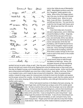trek to Star Valley by way of Montpelier.
NOTE: Mead Bakery products were the
first “boughten” bakery goods in the
Valley. When Arthur first began delivering in the area, he left one loaf of bread
in the Freedom store. When he came
back, it was still there. He picked it up
and left two that time. The next time he
made the trip through, both loaves were
sold. (Bread was less than 10¢ a loaf at
that time.)
From that shaky start, he eventually built a big business, and in 1936 they
moved the Bakery to Afton. Originally,
the entire family was part of the business, but eventually, Arthur was able to
buy the others out and he became sole
owner and operator of the Star Valley Bakery, until ill health forced him to
retire and his daughter, Virginia Leavitt,
took over. Every morning he would get
up at 3:00 and do his baking, and then
three times a week, he’d go on the truck
route to each of the stores in the smaller
communities.
Throughout the years, a lot of
school classes chose to walk through
the Bakery on field trips. Arthur, not
only gave accounts of how everything
worked, but put on quite a show, as well. Over the years, he’d acquire the ability of cutting out
donuts and with just a twist of the wrist, flipping them onto the baking sheet so they could raise.
One day, he flipped it wrong, and it landed down the neck of a woman worker. Arthur and the lady
were embarrassed and Elizabeth was more than a little irritated. Quite often, she’d say, “Arthur!”
in an impatient voice, and it made his day to know he’d irritated her. When he prepared drop
cookies, instead of using a spoon for measurement, he’d dip his hand into the batter and squeeze
out the proper amount for a cookie. He had this procedure down so well, that the cookies were all
uniform. Once when showing off for school kids, he did this, and a little girl informed him that her
mother used a spoon.
Arthur had several machines in the Bakery that were amazing. He
had a huge mixer, and the bowl was as big as some of his smaller grandkids. He had a machine that cut the rolls into proper size to be rolled and
baked. He had one that formed hotdog buns, and one that sliced bread.
His oven was probably about six feet tall and had four different racks to
bake at the same time. It was so long that he used a long shovel – type
thing to get the products from the back. It was all very interesting to see.
Elizabeth worked at the Bakery, as well, and spent many, many
years frying donuts. People came from Salt Lake City to buy their freshly
made donuts. Never will any of the modern bakeries compete with Star
9

 