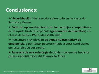 RELACIONES CULTURALES Y DE COOPERACIÓN ENTRE ESPAÑA Y EL MUNDO ÁRABE Y MUSULMÁN
“Securitización” de la ayuda, sobre todo en los casos de
Somalia y Yemen.
 Falta de aprovechamiento de las ventajas comparativas
de la ayuda bilateral española (gobernanza democrática) en
el caso de Sudán. PAE Sudán 2006-2008.
 Porcentaje muy elevado de ayuda humanitaria y de
emergencia, y por tanto, poco orientado a crear condiciones
estructurales de desarrollo.
 Ausencia de una estrategia decidida y coherente hacia los
países araboislámicos del Cuerno de África.
Conclusiones:
 