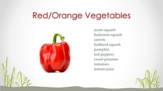 acorn squash
butternut squash
carrots
hubbard squash
pumpkin
red peppers
sweet potatoes
tomatoes
tomato juice
Red/Orange Vegetables
 