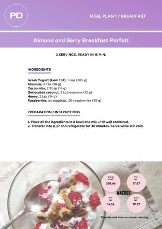 Greek Yogurt (Low Fat), 1 cup (285 g)
Almonds, 2 Tbs (18 g)
Cacao nibs, 2 Tbsp (14 g)
Desiccated coconut, 2 tablespoons (12 g)
Honey, 2 tsp (14 g)
Raspberries, as toppings, 20 raspberries (38 g)
1. Place all the ingredients in a bowl and mix until well combined.
2. Transfer into a jar and refrigerate for 30 minutes. Serve while still cold.
PREPARATION / INSTRUCTIONS
INGREDIENTS
Energy
(Kcal)
268.66
Prot
(g)
17.67
Fat
(g)
14.24
Carb
(g)
19.57
MACROS
2 SERVINGS. READY IN 15 MIN.
Calories and macros are per serving.
MEAL PLAN 1 / BREAKFAST
Almond and Berry Breakfast Parfait
 