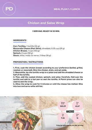INGREDIENTS
PREPARATION / INSTRUCTIONS
Corn Tortillas, 1 tortilla (24 g)
Mozzarella Cheese (Part Skim), shredded, 0.25 cup (29 g)
Chicken Breast, 1 cups (143 g)
Spinach, 2 cups (58 g)
Sauce, salsa, ready-to-serve, 2 tbsp (36 g)
1. First, cook the chicken breast according to your preference (boiled, grilled,
roasted, or steamed). Slice the chicken, drain, and set aside.
2. Meanwhile, lay the tortilla wrap on a plate and add the shredded cheese on
half of the tortilla.
3. Then, add the cooked chicken, spinach, and salsa. Carefully, fold over the
tortilla and add to a hot pan to seal the tortilla. A Panini press can also be
used to seal the wrap.
4. Allow the wrap to cook for 5 minutes or until the cheese has melted. Slice
into two and serve while still hot.
Energy
(Kcal)
320.09
Prot
(g)
42.67
Fat
(g)
9.26
Carb
(g)
16
MACROS
1 SERVING. READY IN 20 MIN.
Calories and macros are per serving.
MEAL PLAN 1 / LUNCH
Chicken and Salsa Wrap
 