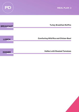 MEAL PLAN 2
BREAKFAST
LUNCH
DINNER Halibut with Roasted Tomatoes
Turkey Breakfast Muffins
Comforting Wild Rice and Chicken Bowl
 