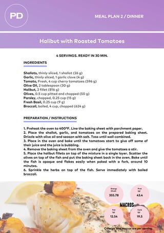 INGREDIENTS
PREPARATION / INSTRUCTIONS
Shallots, thinly sliced, 1 shallot (26 g)
Garlic, thinly sliced, 1 garlic clove (4 g)
Tomato, Fresh, 4 cup cherry tomatoes (596 g)
Olive Oil, 2 tablespoon (30 g)
Halibut, 2 fillet (816 g)
Olives, 0.5 cup pitted and chopped (50 g)
Parsley, chopped, 0.25 cup (15 g)
Fresh Basil, 0.25 cup (9 g)
Broccoli, boiled, 4 cup, chopped (624 g)
1. Preheat the oven to 400°F. Line the baking sheet with parchment paper.
2. Place the shallot, garlic, and tomatoes on the prepared baking sheet.
Drizzle with olive oil and season with salt. Toss until well combined.
3. Place in the oven and bake until the tomatoes start to give off some of
their juice and the juice is bubbling.
4. Remove the baking sheet from the oven and give the tomatoes a stir.
5. Place the halibut fillets on top of the mixture in a single layer. Scatter the
olives on top of the fish and put the baking sheet back in the oven. Bake until
the fish is opaque and flakes easily when poked with a fork, around 10
minutes.
6. Sprinkle the herbs on top of the fish. Serve immediately with boiled
broccoli.
Energy
(Kcal)
355.78
Prot
(g)
43.4
Fat
(g)
12.54
Carb
(g)
19.5
MACROS
4 SERVINGS. READY IN 30 MIN.
Calories and macros are per serving.
MEAL PLAN 2 / DINNER
Halibut with Roasted Tomatoes
 