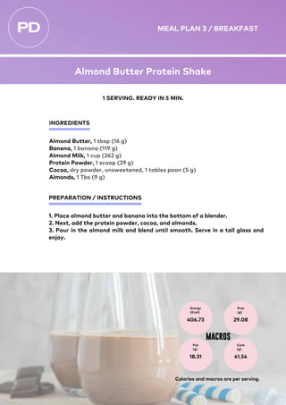 INGREDIENTS
PREPARATION / INSTRUCTIONS
Almond Butter, 1 tbsp (16 g)
Banana, 1 banana (119 g)
Almond Milk, 1 cup (262 g)
Protein Powder, 1 scoop (29 g)
Cocoa, dry powder, unsweetened, 1 tables poon (5 g)
Almonds, 1 Tbs (9 g)
1. Place almond butter and banana into the bottom of a blender.
2. Next, add the protein powder, cocoa, and almonds.
3. Pour in the almond milk and blend until smooth. Serve in a tall glass and
enjoy.
Energy
(Kcal)
406.73
Prot
(g)
29.08
Fat
(g)
18.31
Carb
(g)
41.54
MACROS
1 SERVING. READY IN 5 MIN.
Calories and macros are per serving.
MEAL PLAN 3 / BREAKFAST
Almond Butter Protein Shake
 