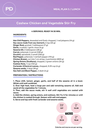 INGREDIENTS
PREPARATION / INSTRUCTIONS
Hot Chili Peppers, deseeded and finely chopped, 1 red jalapeno (14 g)
Soy sauce made from soy (tamari), 4 tsp (24 g)
Ginger Root, grated, 1 tablespoon (7 g)
Garlic, crushed, 1 garlic clove (4 g)
Sesame Oil, 2 tablespoon (28 g)
Carrot, julienned, 2 carrot (128 g)
Zucchini, spiralized, 2 small (236 g)
Red Pepper, julienned, 1 red bell pepper (115 g)
Chicken Breast, cut into 1 cm strips, 4 portion(s) (800 g)
Spring Onions (Scallions), chopped, 2 green onions (24 g)
Cashew Nuts, 1 cup (122 g)
Coriander (Cilantro) Leaves, chopped, 0.25 cup (4 g)
Sesame seeds, 2 tbsp (18 g)
Sea Salt and Black Pepper, 4 dash (4 g)
1. Place chilli, tamari, ginger, garlic, and half of the sesame oil in a bowl.
Whisk until well combined.
2. Over high heat, heat a large pan and add remaining sesame oil. Add and
sauté all the vegetables for 1 minute.
3. Then, add the sauce made, stir it well until vegetables are coated with
sauce.
4. Add the chicken, spring onions, and cashews. Stir fry it for minutes or until
the chicken is cooked through. Season with salt and pepper.
5. Serve and top with fresh coriander and sesame seeds.
4 SERVINGS. READY IN 30 MIN.
Energy
(Kcal)
537
Prot
(g)
53.58
Fat
(g)
28.26
Carb
(g)
18.66
MACROS
Calories and macros are per serving.
MEAL PLAN 3 / LUNCH
Cashew Chicken and Vegetable Stir Fry
 