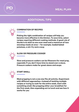 MEAL PLAN
ADDITIONAL TIPS
Slow and pressure cookers can be lifesavers for meal prep,
especially if you don’t have time to stand over a stove.
Pressure cookers make for great stews and soups
Picking the right combination of recipes will help you
become more effective in the kitchen. To save time, select
recipes requiring different cooking methods. A good rule of
thumb is to stick to one oven meal and a maximum of two
stovetop meals at once — for example, loaded baked
potatoes, a stir-fry and a soup
SLOW OR PRESSURE COOKER
Meal prepping is not a one size fits all activity. Experiment
with different approaches—Instead of tackling multiple
recipes or trying to cook for the entire week, start with
something small, like prepping either your breakfast for
the first week, then expanding out to lunch and see how it
works for you
START SMALL
COMBINATION OF RECIPES
 