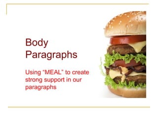 Body
Paragraphs
Using “MEAL” to create
strong support in our
paragraphs
 