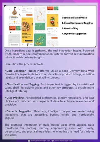 Understanding Web Scraping Foodhub Reviews
Web scraping involves extracting large amounts of data from websites in an automated manner.
Foodhub Reviews Scraper is designed to help businesses collect customer reviews from Foodhub,
a popular food delivery platform.
By scraping reviews, ratings, and feedback from customers, businesses can gain insights into
various aspects of their service, including food quality, delivery times, and customer satisfaction.
Instead of relying on manual data collection, Foodhub Reviews Data Collection through scraping
allows for real-time access to a large volume of structured data, which is essential for making
informed decisions.
Introduction
In today's dynamic quick-commerce landscape, staying competitive requires instant visibility
into market pricing trends and consumer preferences. This case study examines how a leading
grocery delivery chain with 30+ online stores across major Indian metropolitan areas
leveraged Real-Time Grocery Price Monitoring solutions from us to transform their business
intelligence capabilities and market positioning strategies.
The client struggled with maintaining competitive pricing across thousands of SKUs and
identifying regional pricing patterns. They also suffered revenue leakage due to suboptimal
pricing strategies. They needed a comprehensive solution to provide detailed insights into
quick-commerce market dynamics and enable precise price optimization across their diverse
grocery catalog.
The client revolutionized their approach to pricing strategy and inventory management by
implementing advanced Grocery Price Data Scraping technologies. This resulted in
remarkable improvements in market responsiveness, profit margins, and substantial revenue
growth.
Client Success Story
Introduction
This case study highlights how our Coupang Product Price Scraping Service revolutionized a
client's market analysis and pricing optimization strategy. By deploying advanced
techniques, we empowered the client with unmatched insights into the competitive
dynamics of South Korea's leading e-commerce platform.
Our customized solution delivered robust market intelligence, enabling clients to drive data-
backed pricing decisions, swiftly adapt to market changes, and significantly enhance their
profit margins. Leveraging our specialized Coupang Product Data Scraping Solutions scraping
tools, the client gained the strategic edge necessary to excel within Coupang's fast-evolving
marketplace.
The Client
Introduction
In the competitive fantasy cricket market, gaining insights into player performance and match
dynamics is crucial for informed decision-making and sustained growth. This case study
explores how a leading fantasy cricket platform, with over 2 million active users, utilized our
ESPNcricinfo Data Scraping solutions to enhance business intelligence and market position.
The client faced delayed stats, inaccurate player predictions, and revenue losses from poor
user engagement. They needed a solution that offered real-time insights into cricket matches
and allowed for accurate player valuation across various tournament formats.
By adopting our advanced ESPNcricinfo API Scraping technology, the client transformed their
fantasy cricket scoring and user engagement strategies. This led to significant improvements
in user retention and platform profitability and, ultimately, a substantial boost in revenue
growth.
Client Success Story
Once ingredient data is gathered, the real innovation begins. Powered
by AI, modern recipe recommendation systems convert raw information
into actionable culinary insights.
Here's how the process unfolds:
• Data Collection Phase: Platforms utilize a Food Delivery Data Web
Crawler For Ingredients to extract data from product listings, nutrition
labels, and even delivery availability sources.
• Classification and Tagging: Each ingredient is tagged by its nutritional
value, shelf life, cuisine origin, and other key attributes to enable more
intelligent filtering.
• User Profiling: Personalized preferences, dietary restrictions, and past
choices are matched with ingredient data to enhance relevance and
precision.
• Dynamic Suggestion: Real-time, intelligent recipes are created using
ingredients that are accessible, budget-friendly, and nutritionally
aligned.
The seamless integration of Build Recipe Apps With Scraped Data
transforms the cooking journey, empowering users with timely,
personalized, and practical meal ideas, eliminating the need for a trip to
the store.
 