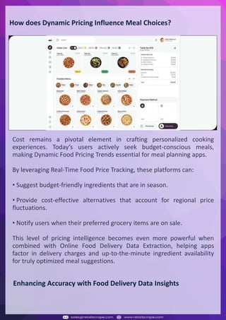 Understanding Web Scraping Foodhub Reviews
Web scraping involves extracting large amounts of data from websites in an automated manner.
Foodhub Reviews Scraper is designed to help businesses collect customer reviews from Foodhub,
a popular food delivery platform.
By scraping reviews, ratings, and feedback from customers, businesses can gain insights into
various aspects of their service, including food quality, delivery times, and customer satisfaction.
Instead of relying on manual data collection, Foodhub Reviews Data Collection through scraping
allows for real-time access to a large volume of structured data, which is essential for making
informed decisions.
Introduction
In today's dynamic quick-commerce landscape, staying competitive requires instant visibility
into market pricing trends and consumer preferences. This case study examines how a leading
grocery delivery chain with 30+ online stores across major Indian metropolitan areas
leveraged Real-Time Grocery Price Monitoring solutions from us to transform their business
intelligence capabilities and market positioning strategies.
The client struggled with maintaining competitive pricing across thousands of SKUs and
identifying regional pricing patterns. They also suffered revenue leakage due to suboptimal
pricing strategies. They needed a comprehensive solution to provide detailed insights into
quick-commerce market dynamics and enable precise price optimization across their diverse
grocery catalog.
The client revolutionized their approach to pricing strategy and inventory management by
implementing advanced Grocery Price Data Scraping technologies. This resulted in
remarkable improvements in market responsiveness, profit margins, and substantial revenue
growth.
Client Success Story
Introduction
This case study highlights how our Coupang Product Price Scraping Service revolutionized a
client's market analysis and pricing optimization strategy. By deploying advanced
techniques, we empowered the client with unmatched insights into the competitive
dynamics of South Korea's leading e-commerce platform.
Our customized solution delivered robust market intelligence, enabling clients to drive data-
backed pricing decisions, swiftly adapt to market changes, and significantly enhance their
profit margins. Leveraging our specialized Coupang Product Data Scraping Solutions scraping
tools, the client gained the strategic edge necessary to excel within Coupang's fast-evolving
marketplace.
The Client
Introduction
In the competitive fantasy cricket market, gaining insights into player performance and match
dynamics is crucial for informed decision-making and sustained growth. This case study
explores how a leading fantasy cricket platform, with over 2 million active users, utilized our
ESPNcricinfo Data Scraping solutions to enhance business intelligence and market position.
The client faced delayed stats, inaccurate player predictions, and revenue losses from poor
user engagement. They needed a solution that offered real-time insights into cricket matches
and allowed for accurate player valuation across various tournament formats.
By adopting our advanced ESPNcricinfo API Scraping technology, the client transformed their
fantasy cricket scoring and user engagement strategies. This led to significant improvements
in user retention and platform profitability and, ultimately, a substantial boost in revenue
growth.
Client Success Story
How does Dynamic Pricing Influence Meal Choices?
Cost remains a pivotal element in crafting personalized cooking
experiences. Today’s users actively seek budget-conscious meals,
making Dynamic Food Pricing Trends essential for meal planning apps.
By leveraging Real-Time Food Price Tracking, these platforms can:
• Suggest budget-friendly ingredients that are in season.
• Provide cost-effective alternatives that account for regional price
fluctuations.
• Notify users when their preferred grocery items are on sale.
This level of pricing intelligence becomes even more powerful when
combined with Online Food Delivery Data Extraction, helping apps
factor in delivery charges and up-to-the-minute ingredient availability
for truly optimized meal suggestions.
Enhancing Accuracy with Food Delivery Data Insights
 