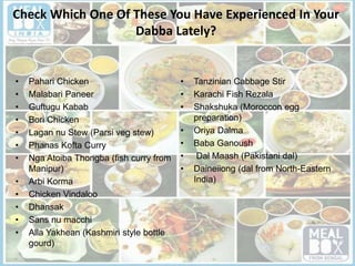 Check Which One Of These You Have Experienced In Your
Dabba Lately?
• Pahari Chicken
• Malabari Paneer
• Guftugu Kabab
• Bori Chicken
• Lagan nu Stew (Parsi veg stew)
• Phanas Kofta Curry
• Nga Atoiba Thongba (fish curry from
Manipur)
• Arbi Korma
• Chicken Vindaloo
• Dhansak
• Sans nu macchi
• Alla Yakhean (Kashmiri style bottle
gourd)
• Tanzinian Cabbage Stir
• Karachi Fish Rezala
• Shakshuka (Moroccon egg
preparation)
• Oriya Dalma
• Baba Ganoush
• Dal Maash (Pakistani dal)
• Daineiiong (dal from North-Eastern
India)
 