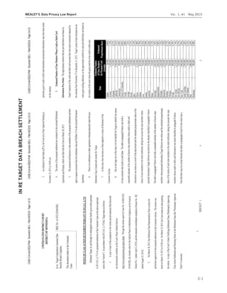 CASE0:14-md-02522-PAMDocument393-1Filed04/22/15Page1of13
EXHIBIT1
CASE0:14-md-02522-PAMDocument393-1Filed04/22/15Page2of13CASE0:14-md-02522-PAMDocument393-1Filed04/22/15Page3of13
INRETARGETDATABREACHSETTLEMENT
C-1
MEALEY’S Data Privacy Law Report Vol. 1, #1 May 2015
 