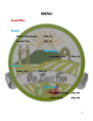 5
MENU
Food Offer:
Snack:
Banana Heart Burger (Php 15)
Kamote Fries (Php 10)
Beverage:
Cucumansi Juice (Php 10)
Desert:
Coffee Jelly (Php 15)
Main Dish:
Champeni Batangas (Php 30)
Grilled Tilapia (Php 30)
 