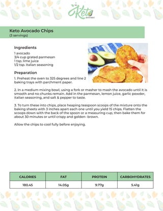 CALORIES FAT PROTEIN CARBOHYDRATES
180.45 14.05g 9.77g 5.41g
Ingredients
Preparation
1 avocado
3/4 cup grated parmesan
1 tsp. lime juice
1/2 tsp. italian seasoning
1. Preheat the oven to 325 degrees and line 2
baking trays with parchment paper.
2. In a medium mixing bowl, using a fork or masher to mash the avocado until it is
smooth and no chunks remain. Add in the parmesan, lemon juice, garlic powder,
italian seasoning, and salt & pepper to taste.
3. To turn these into chips, place heaping teaspoon scoops of the mixture onto the
baking sheets with 3 inches apart each one until you yield 15 chips. Flatten the
scoops down with the back of the spoon or a measuring cup, then bake them for
about 30 minutes or until crispy and golden- brown.
Allow the chips to cool fully before enjoying.
Keto Avocado Chips
(3 servings)
 