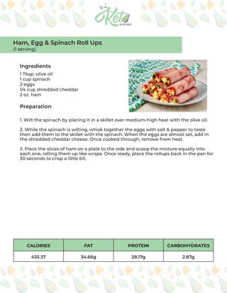 CALORIES FAT PROTEIN CARBOHYDRATES
435.37 34.66g 28.17g 2.87g
Ingredients
Preparation
1 Tbsp. olive oil
1 cup spinach
2 eggs
1/4 cup shredded cheddar
2 oz. ham
1. Wilt the spinach by placing it in a skillet over medium-high heat with the olive oil.
2. While the spinach is wilting, whisk together the eggs with salt & pepper to taste
then add them to the skillet with the spinach. When the eggs are almost set, add in
the shredded cheddar cheese. Once cooked through, remove from heat.
3. Place the slices of ham on a plate to the side and scoop the mixture equally into
each one, rolling them up like wraps. Once ready, place the rollups back in the pan for
30 seconds to crisp a little bit.
Ham, Egg & Spinach Roll Ups
(1 serving)
 