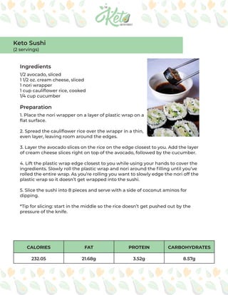 CALORIES FAT PROTEIN CARBOHYDRATES
232.05 21.68g 3.52g 8.57g
Ingredients
Preparation
1/2 avocado, sliced
1 1/2 oz. cream cheese, sliced
1 nori wrapper
1 cup cauliflower rice, cooked
1/4 cup cucumber
1. Place the nori wrapper on a layer of plastic wrap on a
flat surface.
2. Spread the cauliflower rice over the wrappr in a thin,
even layer, leaving room around the edges.
3. Layer the avocado slices on the rice on the edge closest to you. Add the layer
of cream cheese slices right on top of the avocado, followed by the cucumber.
4. Lift the plastic wrap edge closest to you while using your hands to cover the
ingredients. Slowly roll the plastic wrap and nori around the filling until you’ve
rolled the entire wrap. As you’re rolling you want to slowly edge the nori off the
plastic wrap so it doesn’t get wrapped into the sushi.
5. Slice the sushi into 8 pieces and serve with a side of coconut aminos for
dipping.
*Tip for slicing: start in the middle so the rice doesn’t get pushed out by the
pressure of the knife.
Keto Sushi
(2 servings)
 