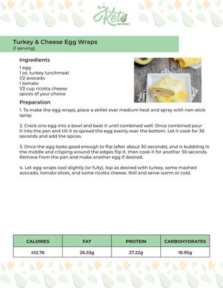 CALORIES FAT PROTEIN CARBOHYDRATES
412.76 26.53g 27.22g 18.95g
Ingredients
Preparation
1 egg
1 oz. turkey lunchmeat
1/2 avocado
1 tomato
1/2 cup ricotta cheese
spices of your choice
1. To make the egg wraps, place a skillet over medium heat and spray with non-stick
spray.
2. Crack one egg into a bowl and beat it until combined well. Once combined pour
it into the pan and tilt it to spread the egg evenly over the bottom. Let it cook for 30
seconds and add the spices.
3. Once the egg looks good enough to flip (after about 30 seconds), and is bubbling in
the middle and crisping around the edges flip it, then cook it for another 30 seconds.
Remove from the pan and make another egg if desired.
4. Let egg wraps cool slightly (or fully), top as desired with turkey, some mashed
avocado, tomato slices, and some ricotta cheese. Roll and serve warm or cold.
Turkey & Cheese Egg Wraps
(1 serving)
 