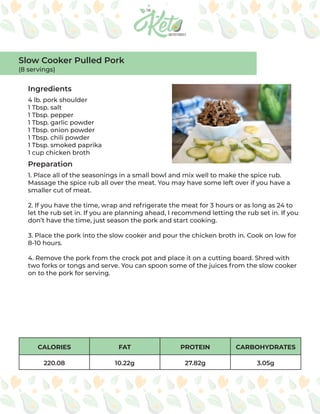 CALORIES FAT PROTEIN CARBOHYDRATES
220.08 10.22g 27.82g 3.05g
Ingredients
Preparation
4 lb. pork shoulder
1 Tbsp. salt
1 Tbsp. pepper
1 Tbsp. garlic powder
1 Tbsp. onion powder
1 Tbsp. chili powder
1 Tbsp. smoked paprika
1 cup chicken broth
1. Place all of the seasonings in a small bowl and mix well to make the spice rub.
Massage the spice rub all over the meat. You may have some left over if you have a
smaller cut of meat.
2. If you have the time, wrap and refrigerate the meat for 3 hours or as long as 24 to
let the rub set in. If you are planning ahead, I recommend letting the rub set in. If you
don’t have the time, just season the pork and start cooking.
3. Place the pork into the slow cooker and pour the chicken broth in. Cook on low for
8-10 hours.
4. Remove the pork from the crock pot and place it on a cutting board. Shred with
two forks or tongs and serve. You can spoon some of the juices from the slow cooker
on to the pork for serving.
Slow Cooker Pulled Pork
(8 servings)
 