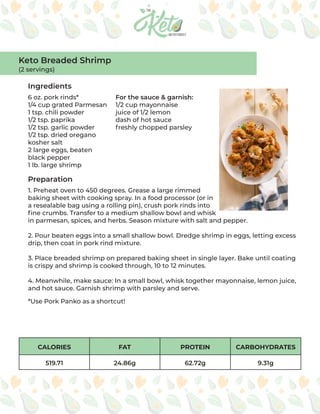 CALORIES FAT PROTEIN CARBOHYDRATES
519.71 24.86g 62.72g 9.31g
Ingredients
Preparation
6 oz. pork rinds*
1/4 cup grated Parmesan
1 tsp. chili powder
1/2 tsp. paprika
1/2 tsp. garlic powder
1/2 tsp. dried oregano
kosher salt
2 large eggs, beaten
black pepper
1 lb. large shrimp
For the sauce & garnish:
1/2 cup mayonnaise
juice of 1/2 lemon
dash of hot sauce
freshly chopped parsley
1. Preheat oven to 450 degrees. Grease a large rimmed
baking sheet with cooking spray. In a food processor (or in
a resealable bag using a rolling pin), crush pork rinds into
fine crumbs. Transfer to a medium shallow bowl and whisk
in parmesan, spices, and herbs. Season mixture with salt and pepper.
2. Pour beaten eggs into a small shallow bowl. Dredge shrimp in eggs, letting excess
drip, then coat in pork rind mixture.
3. Place breaded shrimp on prepared baking sheet in single layer. Bake until coating
is crispy and shrimp is cooked through, 10 to 12 minutes.
4. Meanwhile, make sauce: In a small bowl, whisk together mayonnaise, lemon juice,
and hot sauce. Garnish shrimp with parsley and serve.
*Use Pork Panko as a shortcut!
Keto Breaded Shrimp
(2 servings)
 