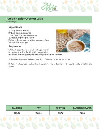 CALORIES FAT PROTEIN CARBOHYDRATES
236.25 24.31g 2.67g 7.26g
Ingredients
Preparation
1/2 cup coconut milk
2 Tbsp. pumpkin puree
1 tsp. Choc Zero maple syrup
1/2 tsp. pumpkin pie spice
2 shots of espresso or extra strong coffee
1/4 tsp. black pepper
1. Whisk together coconut milk, pumpkin,
honey, and spice. Froth with cappuccino
machine or heat gently on stovetop and whisk to froth.
2. Brew espresso or extra-strength coffee and pour into a mug.
3. Pour frothed coconut milk mixture into mug. Garnish with additional pumpkin pie
spice.
Pumpkin Spice Coconut Latte
(1 servings)
 