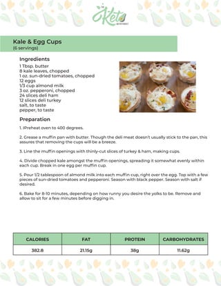 CALORIES FAT PROTEIN CARBOHYDRATES
382.8 21.15g 38g 11.62g
Ingredients
Preparation
1 Tbsp. butter
8 kale leaves, chopped
1 oz. sun-dried tomatoes, chopped
12 eggs
1/3 cup almond milk
3 oz. pepperoni, chopped
24 slices deli ham
12 slices deli turkey
salt, to taste
pepper, to taste
1. IPreheat oven to 400 degrees.
2. Grease a muffin pan with butter. Though the deli meat doesn’t usually stick to the pan, this
assures that removing the cups will be a breeze.
3. Line the muffin openings with thinly-cut slices of turkey & ham, making cups.
4. Divide chopped kale amongst the muffin openings, spreading it somewhat evenly within
each cup. Break in one egg per muffin cup.
5. Pour 1/2 tablespoon of almond milk into each muffin cup, right over the egg. Top with a few
pieces of sun-dried tomatoes and pepperoni. Season with black pepper. Season with salt if
desired.
6. Bake for 8-10 minutes, depending on how runny you desire the yolks to be. Remove and
allow to sit for a few minutes before digging in.
Kale & Egg Cups
(6 servings)
 