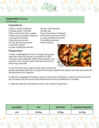 CALORIES FAT PROTEIN CARBOHYDRATES
441 35.58g 13.76g 24.76g
Ingredients
Preparation
1 onion, finely chopped
3 cloves garlic, minced
1/2 lb. extra firm tofu, cubed
1 Tbsp. curry powder medium
1 tsp. garam masala
1 tsp. ground cumin
1/4 tsp. ground turmeric
1 zucchini, diced
2 cups cauliflower florets
1/4 tsp. chili powder
1/2 tsp. salt
14 oz. tomatoes, chopped
13.5 ounces coconut milk t
2 cups cauliflower florets
2 handfuls spinach
fresh cilantro
1. Heat a tablespoon of oil in a large frying pan.
Add the onion to the pan, let cook for a few
minutes until softened. Add minced garlic and
zucchini. Stir and let cook until the zucchini is
browning and soft.
2. Cut the tofu into cubes or tear apart with your
hands and add. Cook for a couple of minutes. Add all the spices and salt and cook for
30 seconds until fragrant.
3. Add the chopped tomatoes, coconut milk and cauliflower. Leave to simmer for 15-
20 minutes until the sauce has thickened and the cauliflower is cooked.
4. Add the spinach and leave to wilt. Use cilantro to garnish.
Vegetable Curry
(3 servings)
 