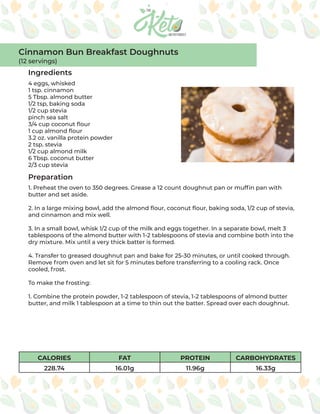 CALORIES FAT PROTEIN CARBOHYDRATES
228.74 16.01g 11.96g 16.33g
Ingredients
Preparation
4 eggs, whisked
1 tsp. cinnamon
5 Tbsp. almond butter
1/2 tsp, baking soda
1/2 cup stevia
pinch sea salt
3/4 cup coconut flour
1 cup almond flour
3.2 oz. vanilla protein powder
2 tsp. stevia
1/2 cup almond milk
6 Tbsp. coconut butter
2/3 cup stevia
1. Preheat the oven to 350 degrees. Grease a 12 count doughnut pan or muffin pan with
butter and set aside.
2. In a large mixing bowl, add the almond flour, coconut flour, baking soda, 1/2 cup of stevia,
and cinnamon and mix well.
3. In a small bowl, whisk 1/2 cup of the milk and eggs together. In a separate bowl, melt 3
tablespoons of the almond butter with 1-2 tablespoons of stevia and combine both into the
dry mixture. Mix until a very thick batter is formed.
4. Transfer to greased doughnut pan and bake for 25-30 minutes, or until cooked through.
Remove from oven and let sit for 5 minutes before transferring to a cooling rack. Once
cooled, frost.
To make the frosting:
1. Combine the protein powder, 1-2 tablespoon of stevia, 1-2 tablespoons of almond butter
butter, and milk 1 tablespoon at a time to thin out the batter. Spread over each doughnut.
Cinnamon Bun Breakfast Doughnuts
(12 servings)
 