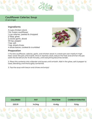 CALORIES FAT PROTEIN CARBOHYDRATES
220.91 14.94g 8.46g 15.6g
Ingredients
Preparation
3 cups chicken stock
1 lb. frozen cauliflower
1 cup celeriac, peeled & chopped
2 Tbsp. ghee
2 cloves garlic, diced
1/2 tsp. pepper
1 tsp. salt
1 tsp. dried chives
4 slices bacon, cooked & crumbled
1. Put the cauliflower, celeriac, garlic, and chicken stock in a stock pot over medium-high
heat. Cover the pot until it boils. Once it reaches a boil, reduce the heat and simmer the pot
(with the lid still on) for 15-20 minutes, until everything becomes tender.
2. Place the contents into a blender and puree until smooth. Add in the ghee, salt & pepper to
taste, blending until thoroughly combined.
3. Top the soup with bacon and chives and enjoy!
Cauliflower Celeriac Soup
(3 servings)
 