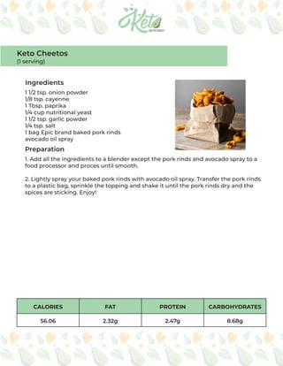 CALORIES FAT PROTEIN CARBOHYDRATES
56.06 2.32g 2.47g 8.68g
Ingredients
Preparation
1 1/2 tsp. onion powder
1/8 tsp. cayenne
1 Tbsp. paprika
1/4 cup nutritional yeast
1 1/2 tsp. garlic powder
1/4 tsp. salt
1 bag Epic brand baked pork rinds
avocado oil spray
1. Add all the ingredients to a blender except the pork rinds and avocado spray to a
food processor and proces until smooth.
2. Lightly spray your baked pork rinds with avocado oil spray. Transfer the pork rinds
to a plastic bag, sprinkle the topping and shake it until the pork rinds dry and the
spices are sticking. Enjoy!
Keto Cheetos
(1 serving)
 