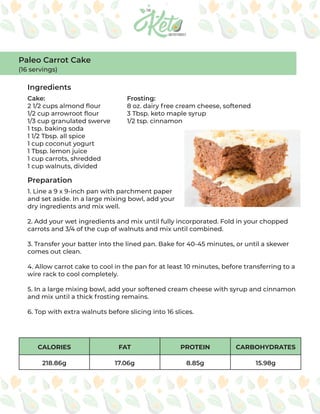 CALORIES FAT PROTEIN CARBOHYDRATES
218.86g 17.06g 8.85g 15.98g
Ingredients
Preparation
Cake:
2 1/2 cups almond flour
1/2 cup arrowroot flour
1/3 cup granulated swerve
1 tsp. baking soda
1 1/2 Tbsp. all spice
1 cup coconut yogurt
1 Tbsp. lemon juice
1 cup carrots, shredded
1 cup walnuts, divided
Frosting:
8 oz. dairy free cream cheese, softened
3 Tbsp. keto maple syrup
1/2 tsp. cinnamon
1. Line a 9 x 9-inch pan with parchment paper
and set aside. In a large mixing bowl, add your
dry ingredients and mix well.
2. Add your wet ingredients and mix until fully incorporated. Fold in your chopped
carrots and 3/4 of the cup of walnuts and mix until combined.
3. Transfer your batter into the lined pan. Bake for 40-45 minutes, or until a skewer
comes out clean.
4. Allow carrot cake to cool in the pan for at least 10 minutes, before transferring to a
wire rack to cool completely.
5. In a large mixing bowl, add your softened cream cheese with syrup and cinnamon
and mix until a thick frosting remains.
6. Top with extra walnuts before slicing into 16 slices.
Paleo Carrot Cake
(16 servings)
 