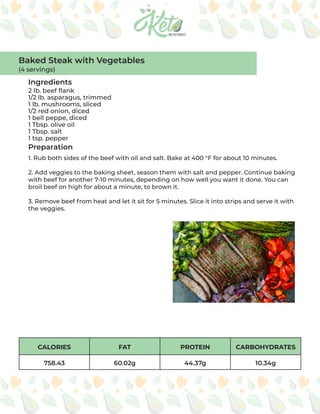 CALORIES FAT PROTEIN CARBOHYDRATES
758.43 60.02g 44.37g 10.34g
Ingredients
Preparation
2 lb. beef flank
1/2 lb. asparagus, trimmed
1 lb. mushrooms, sliced
1/2 red onion, diced
1 bell peppe, diced
1 Tbsp. olive oil
1 Tbsp. salt
1 tsp. pepper
1. Rub both sides of the beef with oil and salt. Bake at 400 °F for about 10 minutes.
2. Add veggies to the baking sheet, season them with salt and pepper. Continue baking
with beef for another 7-10 minutes, depending on how well you want it done. You can
broil beef on high for about a minute, to brown it.
3. Remove beef from heat and let it sit for 5 minutes. Slice it into strips and serve it with
the veggies.
Baked Steak with Vegetables
(4 servings)
 