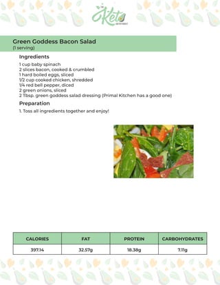 CALORIES FAT PROTEIN CARBOHYDRATES
397.14 32.57g 18.38g 7.11g
Ingredients
Preparation
1 cup baby spinach
2 slices bacon, cooked & crumbled
1 hard boiled eggs, sliced
1/2 cup cooked chicken, shredded
1/4 red bell pepper, diced
2 green onions, sliced
2 Tbsp. green goddess salad dressing (Primal Kitchen has a good one)
1. Toss all ingredients together and enjoy!
Green Goddess Bacon Salad
(1 serving)
 