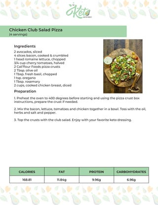 CALORIES FAT PROTEIN CARBOHYDRATES
168.81 11.84g 9.96g 6.96g
Ingredients
Preparation
2 avocados, sliced
4 slices bacon, cooked & crumbled
1 head romaine lettuce, chopped
3/4 cup cherry tomatoes, halved
2 Cali’flour Foods pizza crusts
2 Tbsp. olive oil
1 Tbsp. fresh basil, chopped
1 tsp. oregano
1 Tbsp. rosemary
2 cups, cooked chicken breast, diced
1. Preheat the oven to 400 degrees before starting and using the pizza crust box
instructions, prepare the crust if needed.
2. Mix the bacon, lettuce, tomatoes and chicken together in a bowl. Toss with the oil,
herbs and salt and pepper.
3. Top the crusts with the club salad. Enjoy with your favorite keto dressing.
Chicken Club Salad Pizza
(4 servings)
 