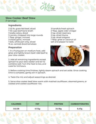 CALORIES FAT PROTEIN CARBOHYDRATES
541.08 41.12g 34.18g 6.47g
Ingredients
Preparation
3 1/2 lb. grass-fed beef, diced
1 1/2 cups beef bone broth
3 stalks celery, diced
3 carrots, chopped into large rounds
1 Tbsp. ginger, minced
3 cloves garlic, minced
1 leek, white part only, sliced
15 oz. canned diced tomatoes
3 handfuls fresh spinach
2 Tbsp. apple cider vinegar
2 tsp. dried rosemary
2 tsp. dried thyme
2 tsp. dried oregano
1 Tbsp. ghee or coconut oil
salt and pepper to taste
1. In a frying pan on medium heat, add
ghee and lightly brown beef. Add beef to
your slow cooker.
2. Add all remaining ingredients except
spinach to your slow cooker and stir to
combine well. Turn the heat to low, and
cook for 5-8 hours.
3. Before cooking time finishes, lightly steam spinach and set aside. Once cooking
time is complete, gently stir in spinach.
4. Taste the mix and adjust seasonings as desired.
5. Serve slow cooker beef stew warm with mashed cauliflower, steamed greens, or
cooked and cooled cauliflower rice.
Slow Cooker Beef Stew
(7 servings)
 