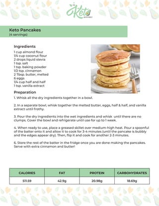 CALORIES FAT PROTEIN CARBOHYDRATES
511.59 42.9g 20.98g 18.69g
Ingredients
Preparation
1 cup almond flour
1/4 cup coconut flour
2 drops liquid stevia
1 tsp. salt
1 tsp. baking powder
1/2 tsp. cinnamon
2 Tbsp. butter, melted
6 eggs
1/4 cup half and half
1 tsp. vanilla extract
1. Whisk all the dry ingredients together in a bowl.
2. In a separate bowl, whisk together the melted butter, eggs, half & half, and vanilla
extract until frothy.
3. Pour the dry ingredients into the wet ingredients and whisk until there are no
clumps. Cover the bowl and refrigerate until use for up to 1 week.
4. When ready to use, place a greased skillet over medium-high heat. Pour a spoonful
of the batter onto it and allow it to cook for 3-4 minutes (until the pancake is bubbly
and the edges appear dry). Then, flip it and cook for another 2-3 minutes.
6. Store the rest of the batter in the fridge once you are done making the pancakes.
Serve with extra cinnamon and butter!
Keto Pancakes
(4 servings)
 
