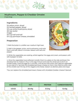 CALORIES FAT PROTEIN CARBOHYDRATES
429.55 28.49g 31.24g 12.43g
Ingredients
Preparation
1/4 yellow onion, diced
1/2 red bell pepper, diced
1/2 cup white mushrooms, sliced
3/4 tsp. butter
3 eggs
1/4 cup half and half
1/4 cup parmesan cheese, shredded
1. Melt the butter in a skillet over medium-high heat.
2. Add in the pepper, onion, and mushrooms, and cook
them until soft, about 5 minutes. Season with salt and
pepper.
3. While the vegetables are cooking, whisk together the eggs and cream, and season with
salt & pepper to taste.
4. Once the vegetables have softened, transfer them to a plate on the side and lower the
stovetop heat to medium. Pour in the egg mixture and coat the whole pan to form an
omelet shape. Cook the eggs for 2 minutes, until set but still moist, then add the vegetables
to one side of it. Sprinkle the shredded parmesan cheese on them, then fold the other side
of the omelet over the top of the veggies and cheese. Season as desired, plate and enjoy!
*You can replace the shredded parmesan cheese with shredded cheddar cheese if desired
Mushroom, Pepper & Cheddar Omelet
(1 serving)
 
