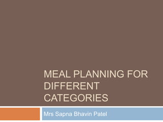 MEAL PLANNING FOR
DIFFERENT
CATEGORIES
Mrs Sapna Bhavin Patel

 