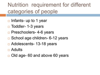 Nutrition requirement for different
categories of people









Infants- up to 1 year
Toddler- 1-3 years
Preschoo...