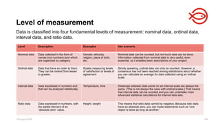 18 August 2025 108
Data is classified into four fundamental levels of measurement: nominal data, ordinal data,
interval data, and ratio data.
Level of measurement
Level Description Examples Use scenario
Nominal data Data collected in the form of
names (not numbers) and which
are organized by category.
Gender, ethnicity,
religion, place of birth,
etc.
Nominal data can be counted, but not much else can be done.
Information collected from nominal data is very useful, even
essential, as it enables basic descriptions of your project.
Ordinal data Data that have an order to them.
They can be ranked from lesser
to greater.
Scales measuring levels
of satisfaction or levels of
agreement
Strictly speaking, ordinal data can only be counted. However, a
consensus has not been reached among statisticians about whether
you can calculate an average for data collected using an ordinal
scale.
Interval data Data expressed in numbers and
that can be analyzed statistically.
Temperature, time Distances between data points on an interval scale are always the
same. (This is not always the case with ordinal scales.) That means
that interval data can be counted and you can undertake more
advanced statistical calculations for interval data sets.
Ratio data Data expressed in numbers, with
the added element of an
“absolute zero” value.
Height, weight This means that ratio data cannot be negative. Because ratio data
have an absolute zero, you can make statements such as “one
object is twice as long as another.”
 