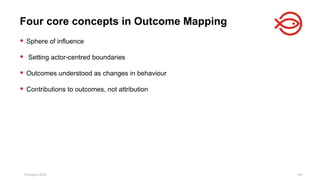 18 August 2025 155
 Sphere of influence
 Setting actor-centred boundaries
 Outcomes understood as changes in behaviour
 Contributions to outcomes, not attribution
Four core concepts in Outcome Mapping
 