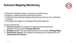 18 August 2025 185
 Systematic collection of data on outcomes and performance
 Engage in a regular learning & improvement cycles
 Understand (and celebrate) progress along the way and your own contribution
to change
 Encourages the program to challenge itself (critical reflection)
3 areas of Monitoring:
1. Outcome Journal: The progress of external partners towards the
achievement of outcomes (Progress Markers)
2. Strategy Journal: The internal performance of the program (Strategy Maps)
3. Performance Journal: The program's functioning as an organizational unit
(Organisational Practices)
Outcome Mapping Monitoring
 